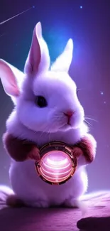 Cute bunny holding glowing orb in night sky.