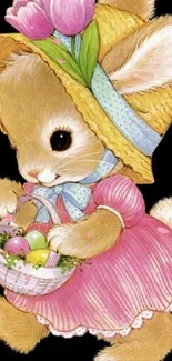 Adorable bunny in pink dress with hat holding an egg basket on a black background.