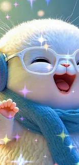 Cute bunny with glasses and headphones smiling brightly.