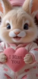 Cute cartoon bunny holding 'I Miss You' heart.