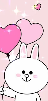 Cute bunny with pink heart balloons on mobile wallpaper.