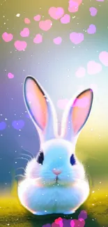 Cute white bunny with pastel hearts and soft bokeh effect.