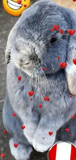 Cute grey bunny with red hearts and emojis on a mobile wallpaper.