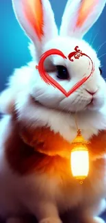 Cute bunny with a heart and lantern glowing softly.