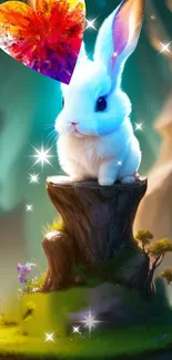 White bunny on stump with colorful heart and sparkles.