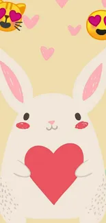 Cute bunny holding a heart with love emojis on pastel background.