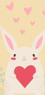 Cute bunny holding heart with pink accents on beige background.