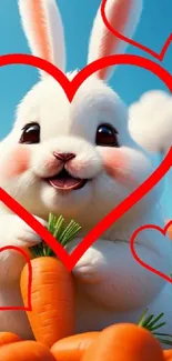 Cute bunny holding a carrot with hearts in background.