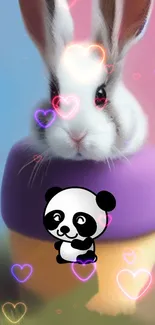 A cute bunny in a panda pot with glowing hearts.