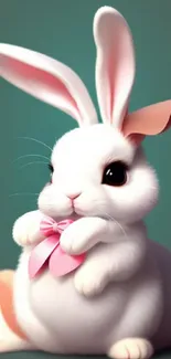 Cute bunny with pink bow on a forest green background.