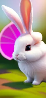 Adorable white bunny with a pink ear on a green background.