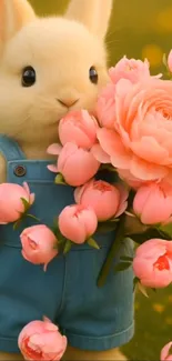 Adorable bunny holding pink flowers in blue overalls.