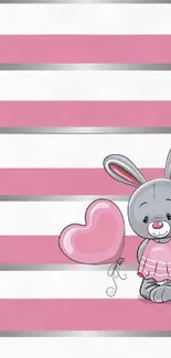 Cute bunny holding a pink heart balloon against striped background.