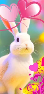 Cute bunny with pink heart design on vibrant background.