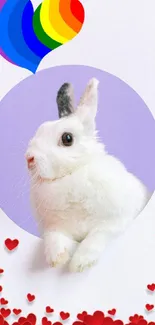 Cute bunny with rainbow heart and red hearts wallpaper.