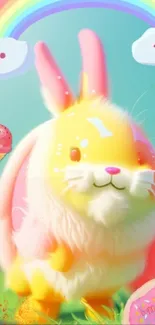 Cute fluffy bunny with rainbow and clouds on a colorful background.