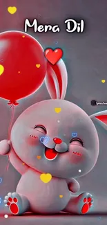 Cute bunny with red balloon and hearts on mobile wallpaper.