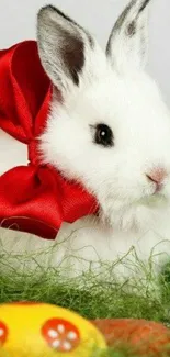 Adorable white bunny with red bow in festive setting.