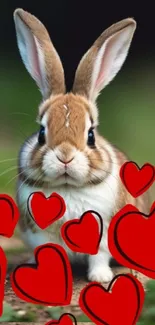 Adorable bunny surrounded by red hearts in a lush green setting.