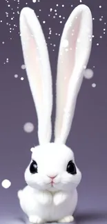 White bunny on purple background with snowflakes.