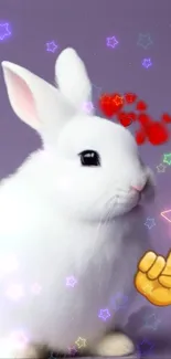 White bunny with stars and heart emojis on a mobile wallpaper.