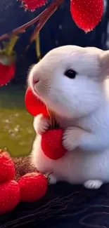 Fluffy white bunny with red strawberries in a scenic background.