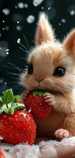 Cute bunny holding strawberries on a snowy hand.