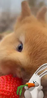 Cute bunny nibbling a strawberry with a funny cartoon rabbit.