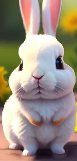 Cute white bunny with sunflowers in background.