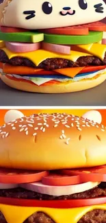 Adorable cat-themed bun burger wallpaper with vibrant colors.