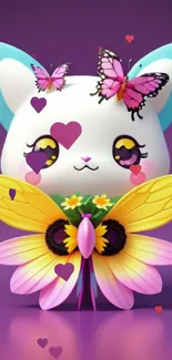 Adorable cartoon cat with butterflies and flowers on a purple background.