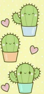 Cute cactus wallpaper with pastel pots and hearts.