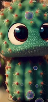 Cute cactus creature with big eyes and bubbles in a vibrant wallpaper.