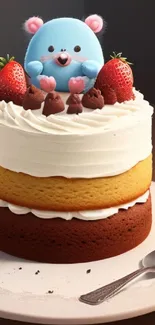 Cute layered cake topped with a teddy bear and strawberries on a wooden table.