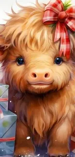 Cute fluffy calf with red bow and gift boxes.