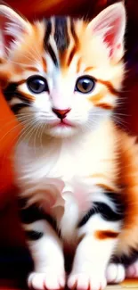 Vibrant digital art of a cute calico kitten with orange and black fur on a colorful background.