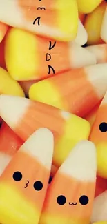 Cute candy corn with smiling faces design wallpaper.