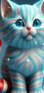 Cute kitten with candy stripes and blue eyes on wallpaper background.