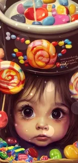 Whimsical child with candies and lollipops in vibrant colors.