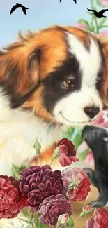 Cute puppy with red flowers and birds in a vibrant nature scene.