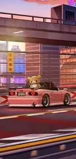 Teddy bear driving a pink car in city.