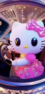 Adorable cartoon cat in a pink dress driving a sparkling car.