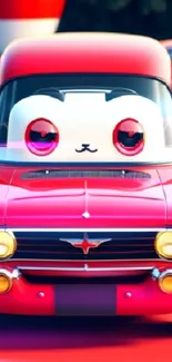 Cartoon-faced vintage car with vibrant red color on a playful wallpaper.