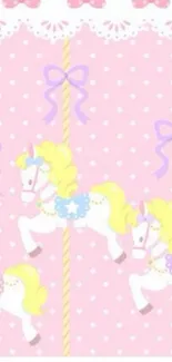 Cute carousel ponies on pink wallpaper with bows.