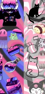 Colorful cartoon wallpaper with cute animals and vibrant patterns.