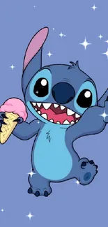 Cartoon alien holding ice cream on a blue background.