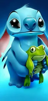 Cute blue alien holding a frog on vibrant background.