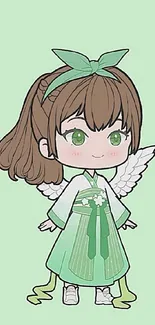 Adorable cartoon angel in green dress with wings on a pastel background.