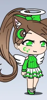 Cute cartoon angel with green theme and cat ears.