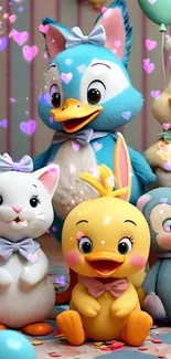 Cartoon animals with balloons and hearts